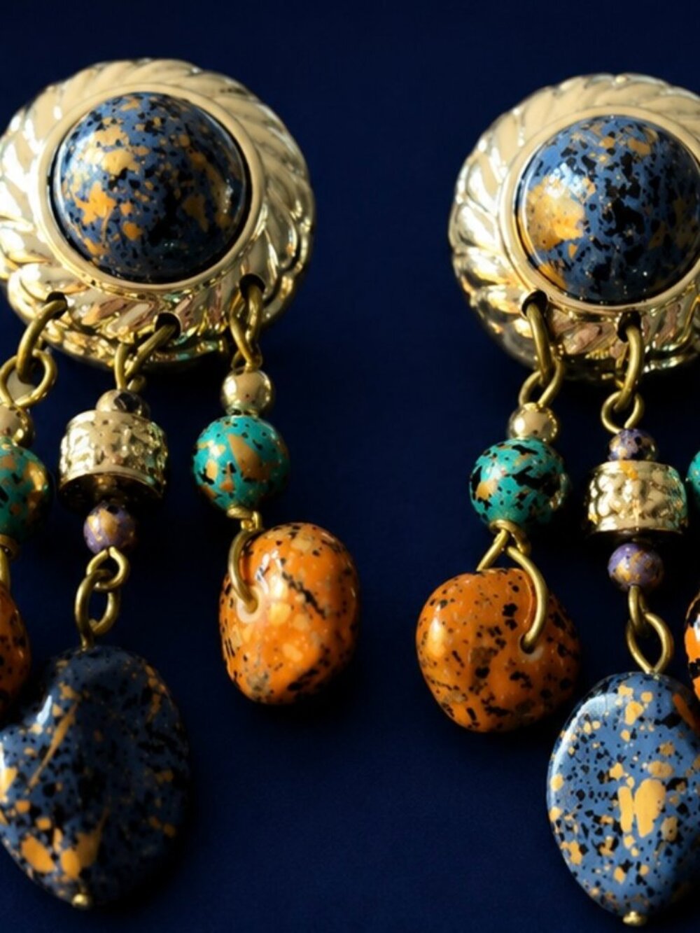 Vintage Boho Clip On Statement Earrings Speckled Beads
